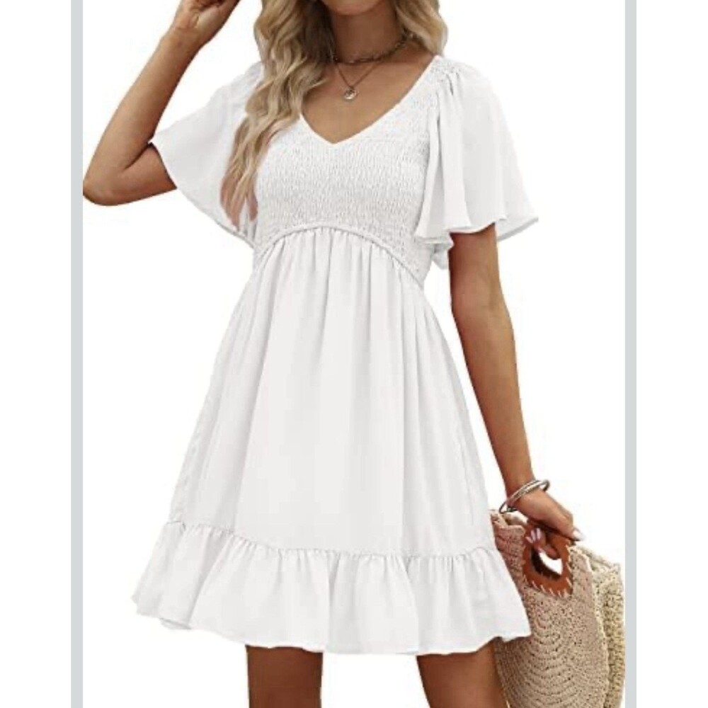 LILLUSORY White Mini Dress Women Small Smocked Flutter Sleeve Ruffle Summer Boho